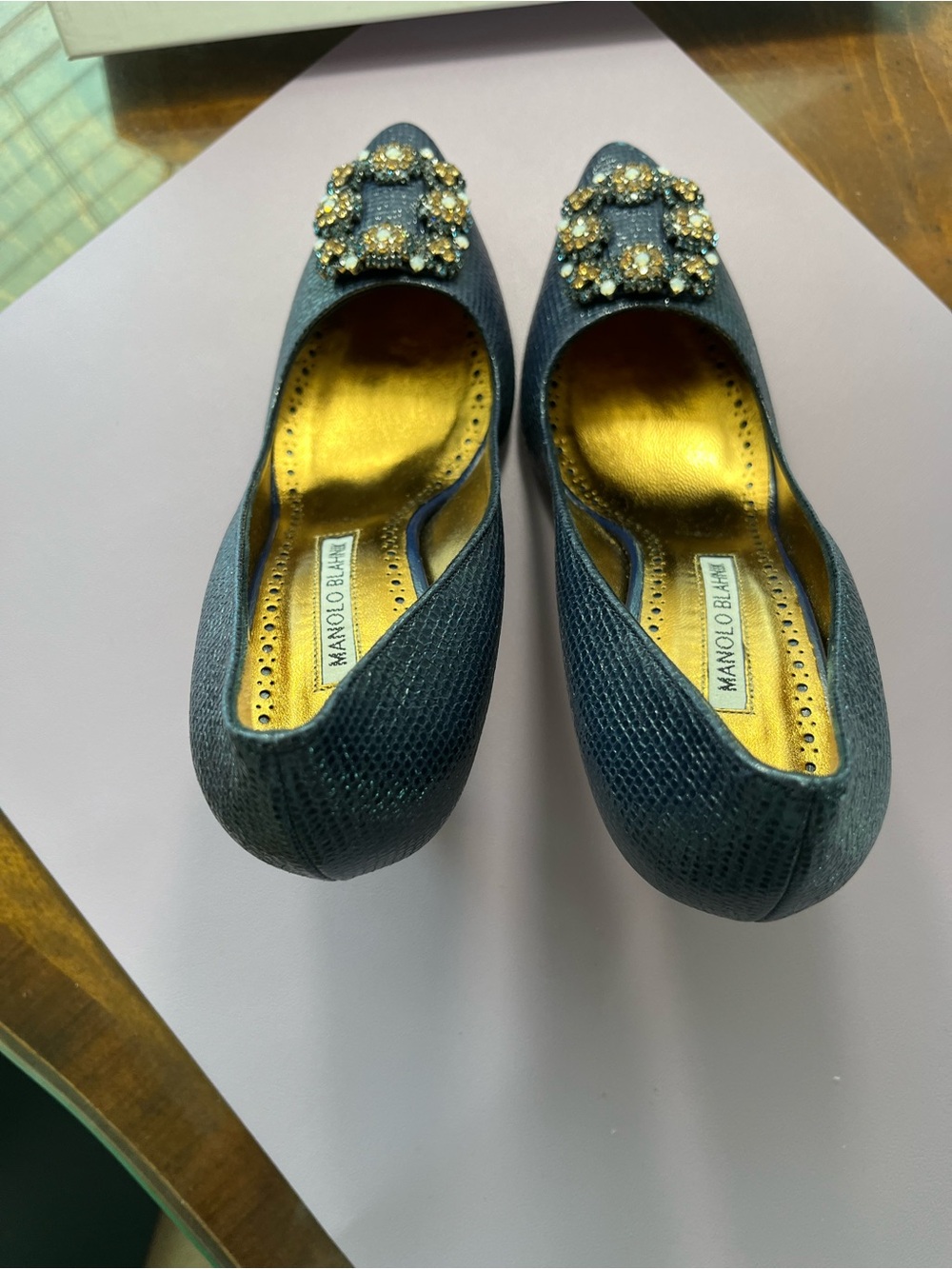 Manolo Blahnik Navy Blue Heels with Beading - Picture 3 of 7